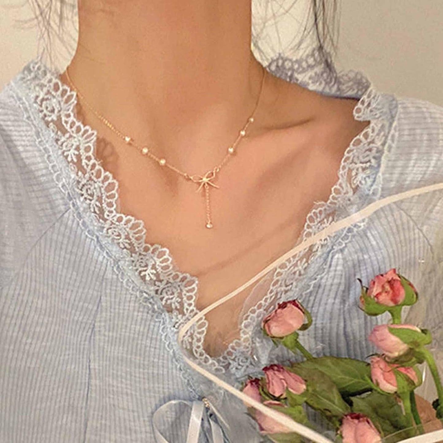 Bohemia Crystal Y Lariat Necklace Chain Pearl Beaded Choker Necklace Bow Knot Necklace Choker Gold Rhinestone Y Drop Necklace Chain Jewelry for Women and Girls