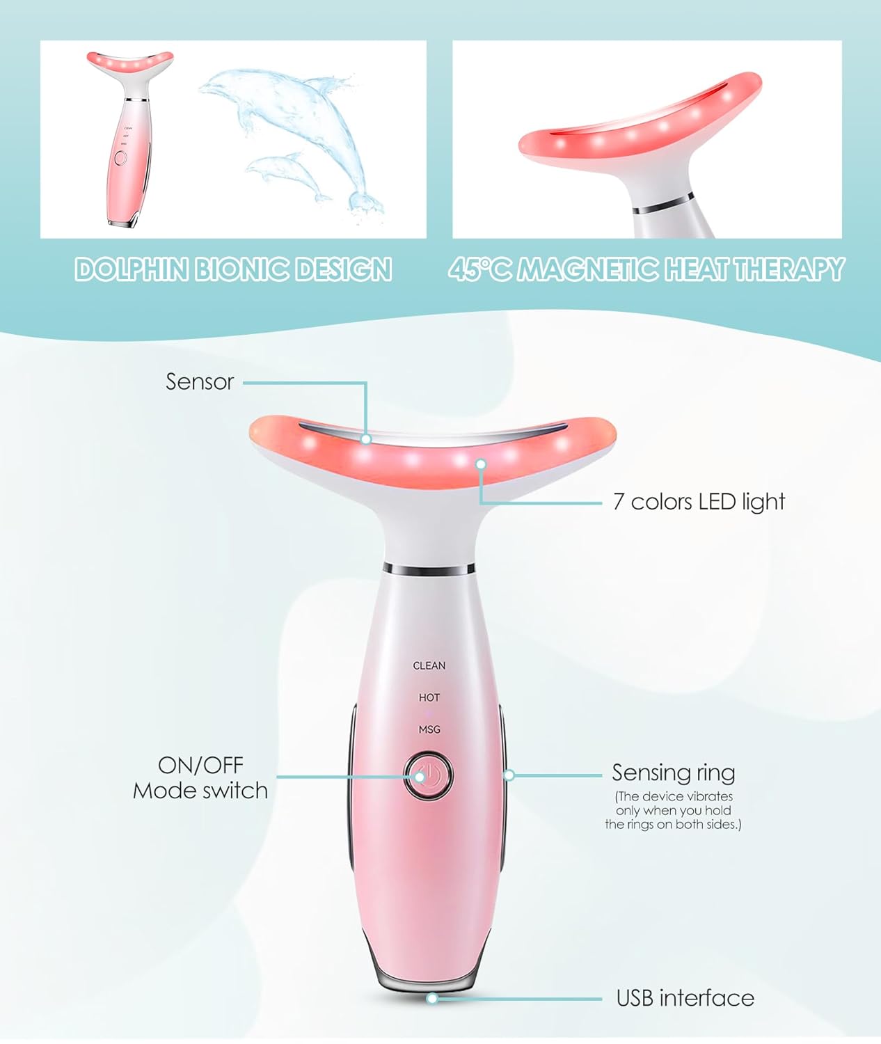 7 Color Neck Face Massager - Facial Massager Tool for Skin Care at Home, Vibrating Face Massager with Thermals, Pink