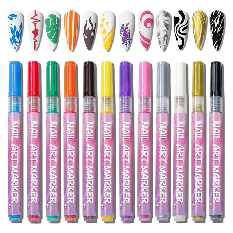 Nail Art Pens Set, 0.5mm 12 Colors Nail Polish Pens,Acrylic Paint Pens, Nail Art Markers, Painting Drawing Liner Pen, Nail Design for Nails DIY French Manicure