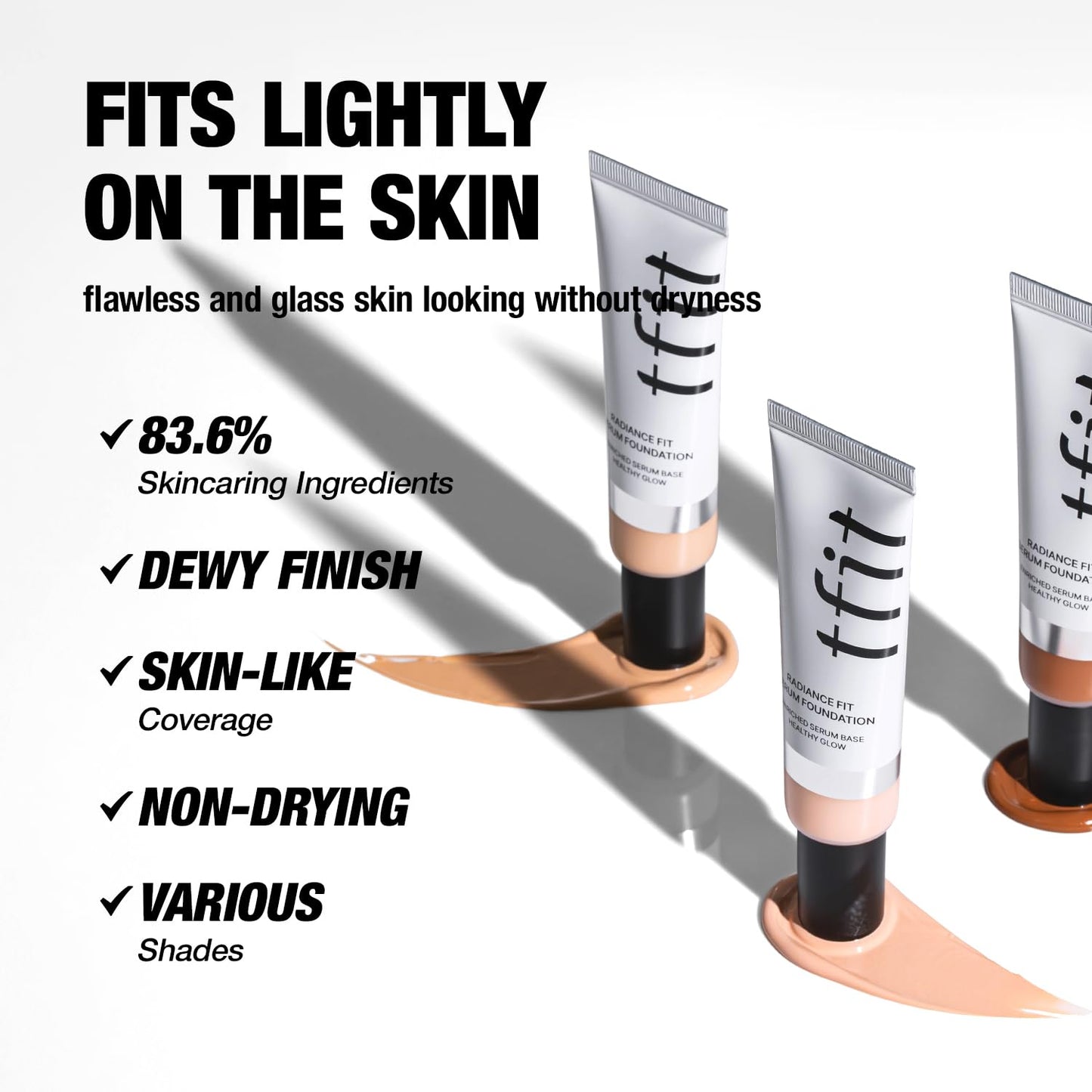 TFIT Radiance Fit Serum Foundation - Flawless Coverage, Dewy finish, Long-lasting, Lightweight, Korean Makeup,1.05 Oz. (W02 Almond Butter, 1.05 Oz.)