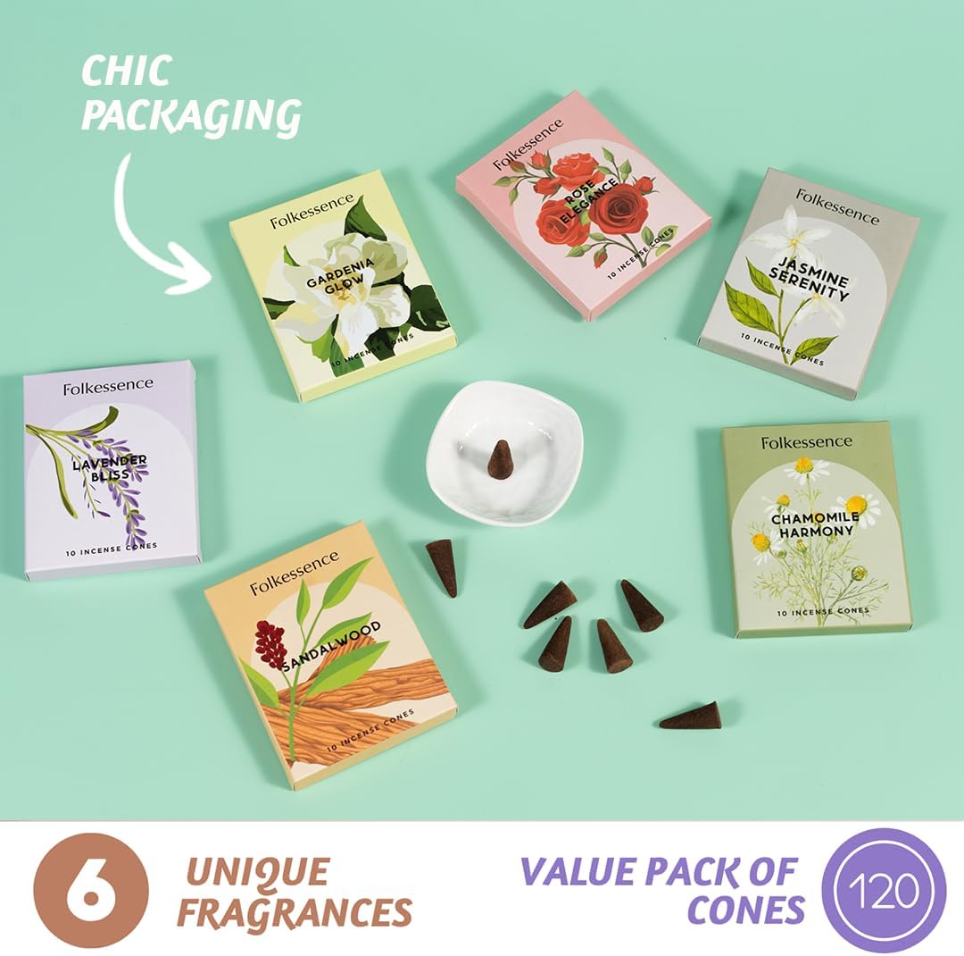 Folkulture Incense Cones Scented | Set of 6 (60 Cones) Pack for Relaxation | Rose, Chamomile, Jasmine, Lavender, Sandalwood Inscents for Gifts for Her | Incense Cone Variety Pack