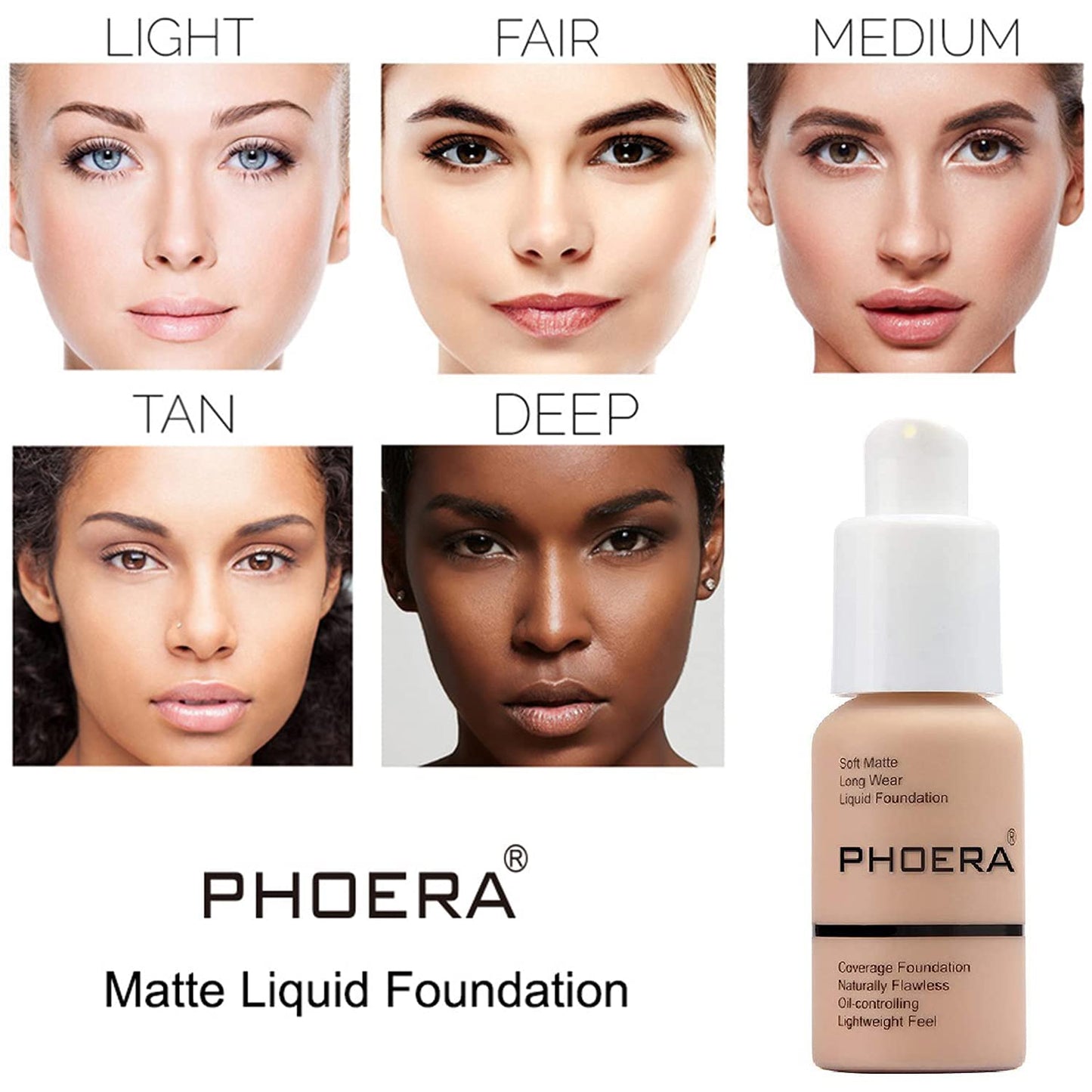Hilareco PHOER Foundation, 2pcs- 101- Porcelain, Full Coverage Concealer, Matte Liquid Foundation, Oil-Control, Whitening, Refreshing Moisturizing, Cruelty-Free, Vegan, 30ml