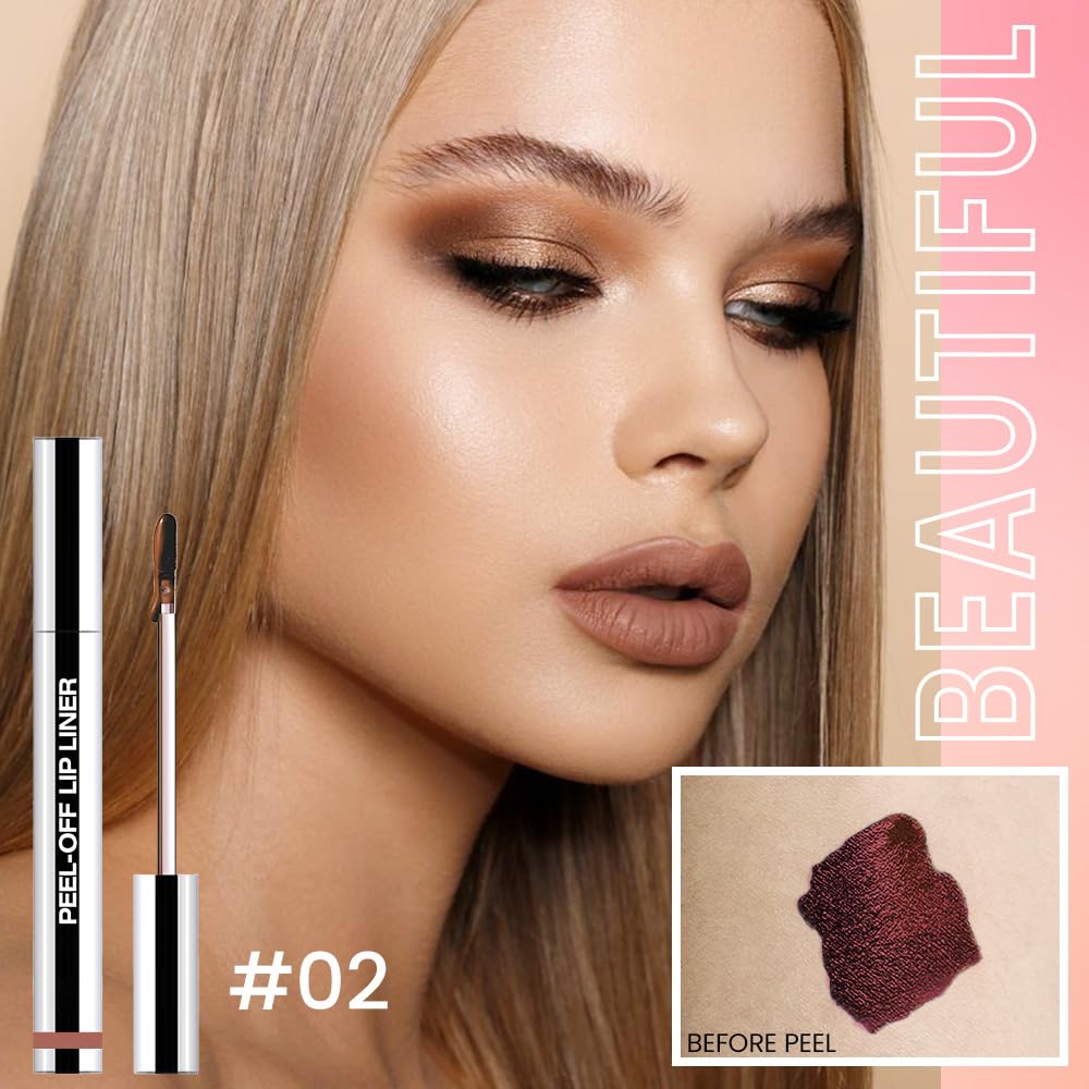 Peel Off Matte Liquid Lip Gloss Stain-Lip Liner with Tweezer, Brown Peel Off Lip Stain, Long Lasting & Waterproof Lipstick Tattoo, Transfer-Proof Lip Gloss for All Skin Types (02#, 1Pcs)