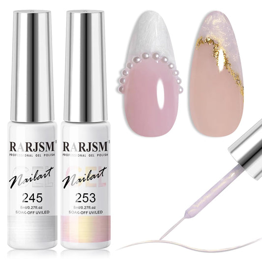 RARJSM Pearl Gel Liner Nail Art 2 Pcs Set Pearlescent Milky White Light Purple Golden Shell Glitter Swirl Effect Gel Nail Polish 8ml Build in Thin Brush Painted Striper GelPolish Curing Requires