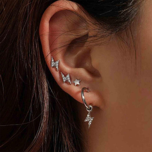 Punk Rhinestone Thunder Earrings Cz Lighting Bolt Dangle Earrings Boho Star Earrings Silver Multiple Piercing Earrings Jewelry for Women and Girls