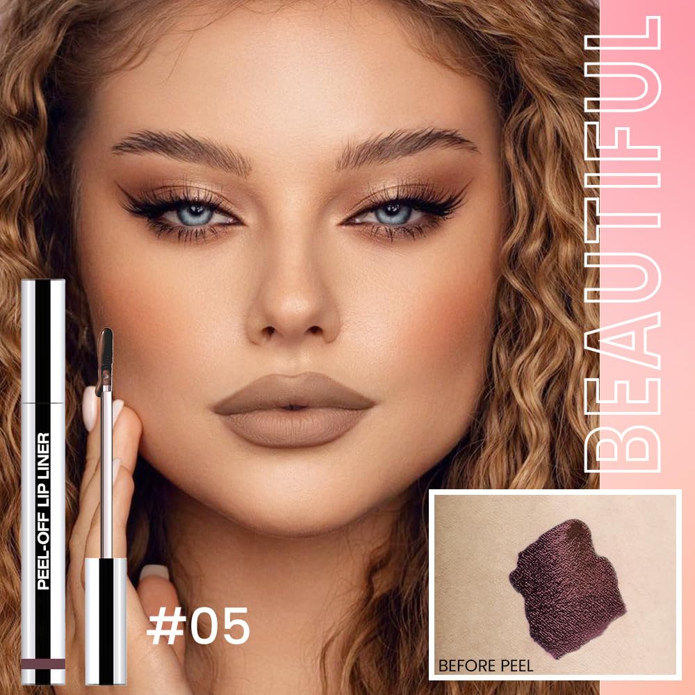 Peel Off Matte Liquid Lip Gloss Stain-Lip Liner with Tweezer, Dark Brown Peel Off Lip Stain, Long Lasting & Waterproof Lipstick Tattoo, Transfer-Proof Lip Gloss for All Skin Types (05#, 1Pcs)
