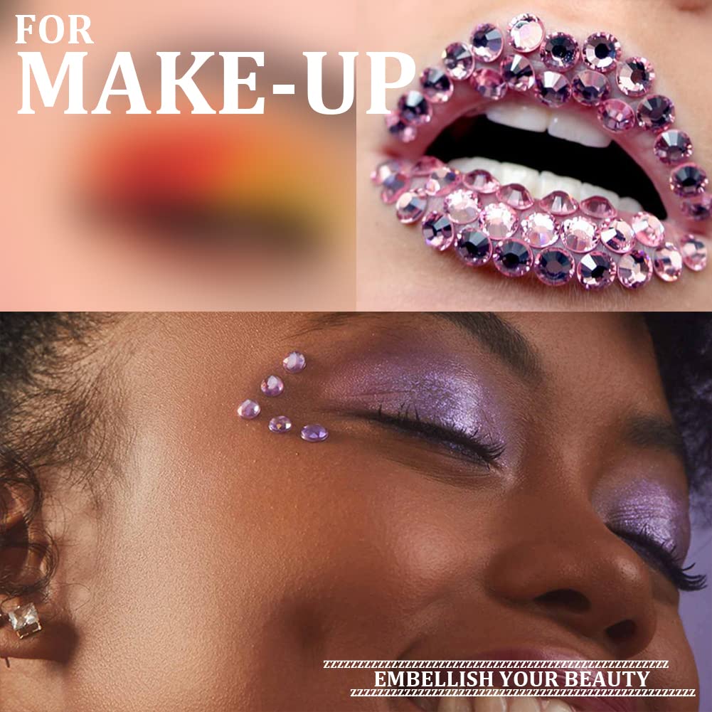 One Pack 2000 Pcs of Flatback Round Pale Purple Rhinestones 6 Sizes (1.5-6 mm) with Nail Art Rhinestone Picker Pencil and Tweezer for DIY and Salon Use