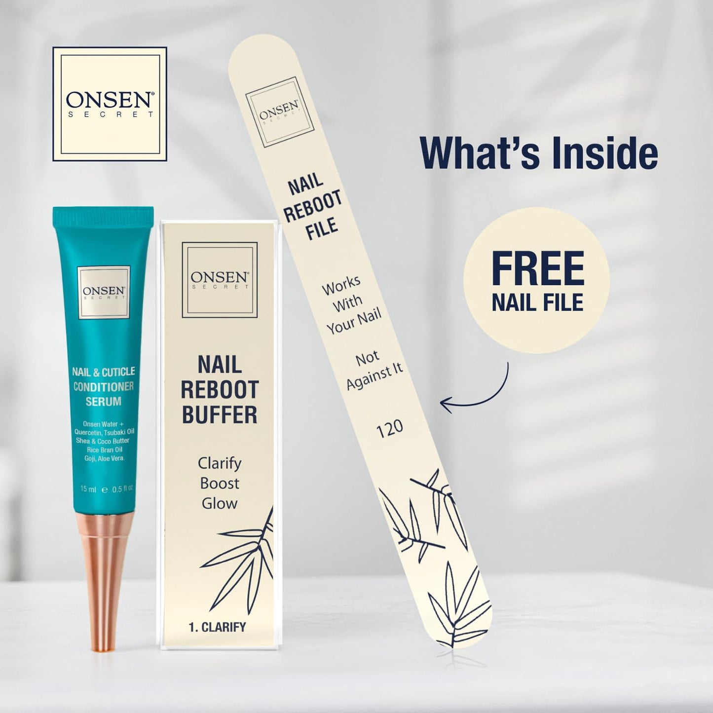 Onsen Secret Cuticle Cream Bundle, Double Sided Nail File 120/180 Grit, Nail Cuticle Oil - Japanese Natural Healing Minerals Nail Care Serum. (15ml + Buffer + Nail File)