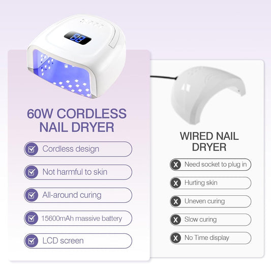 Cordless UV LED Nail Lamp, 60W Rechargeable Nail Dryer Nail Polish Curing Light for Manicure with Auto Sensor & 4 Timer Modes Salon & Home