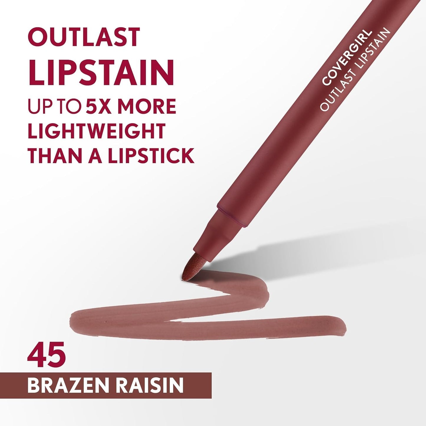 COVERGIRL Outlast, 45 Brazen Raisin, Lipstain, Smooth Application, Precise Pen-Like Tip, Transfer-Proof, Satin Stained Finish, Vegan Formula, 0.06oz