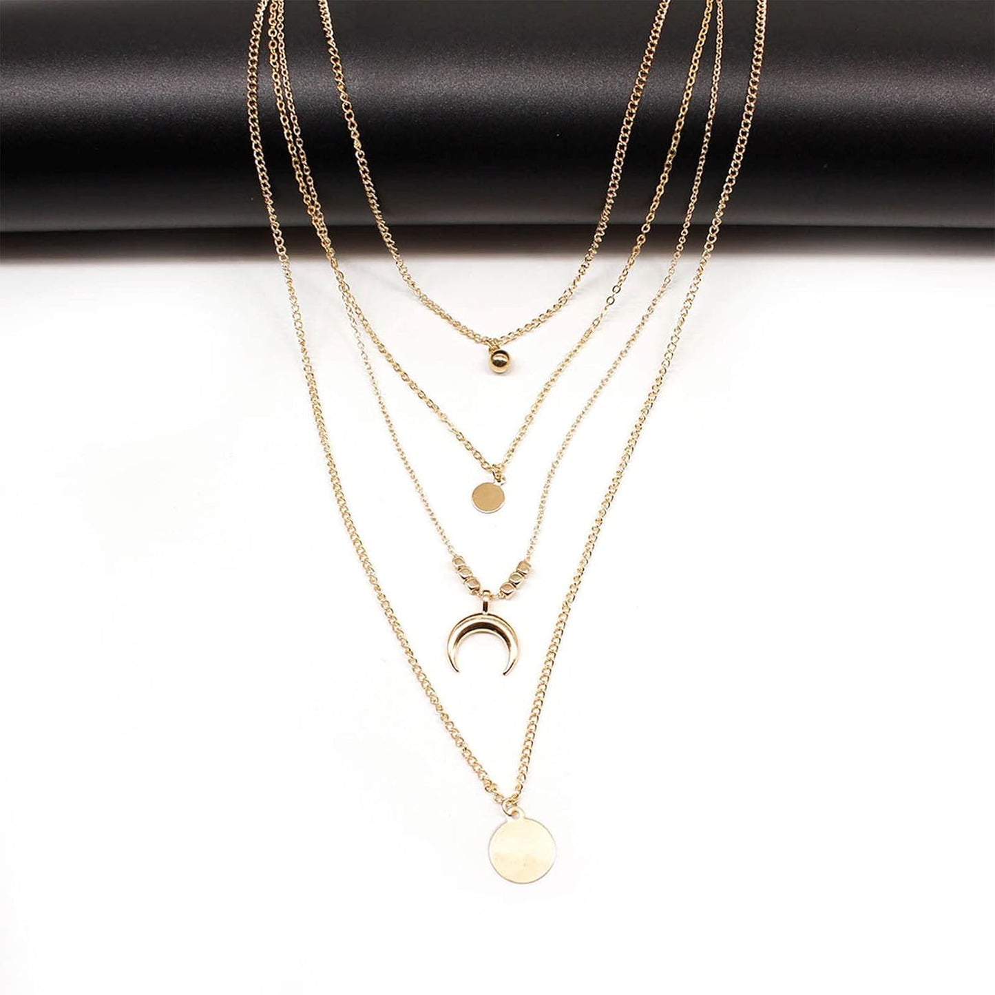Bohemia Layered Coin Choker Necklace Moon Crescent Pendant Necklace Chain Gold Tiny Ball Necklace Multi Layer Disc Necklace Chain Jewelry for Women and Girls