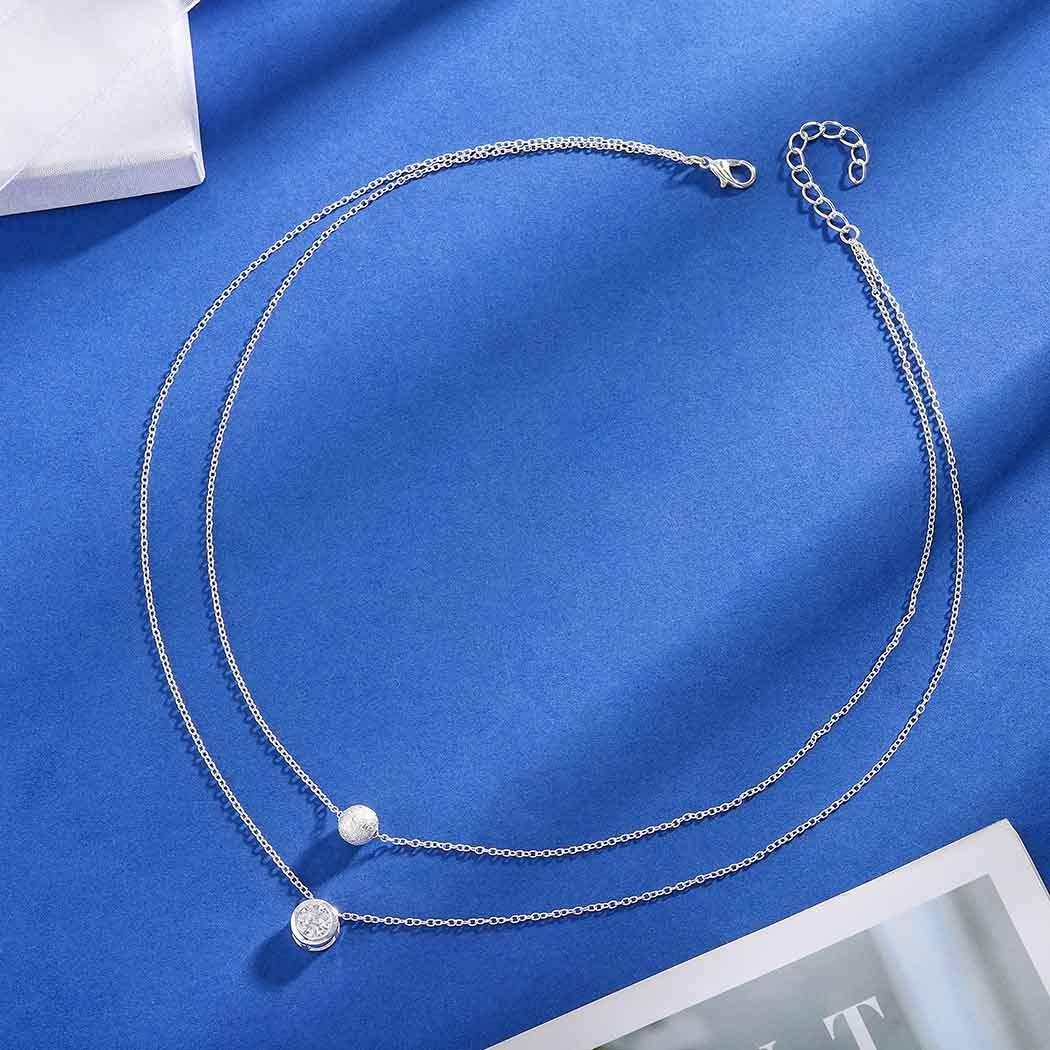 Layered Bead Necklace Chain Round Crystal Pendant Necklaces Jewelry for Women and Girls (Silver)