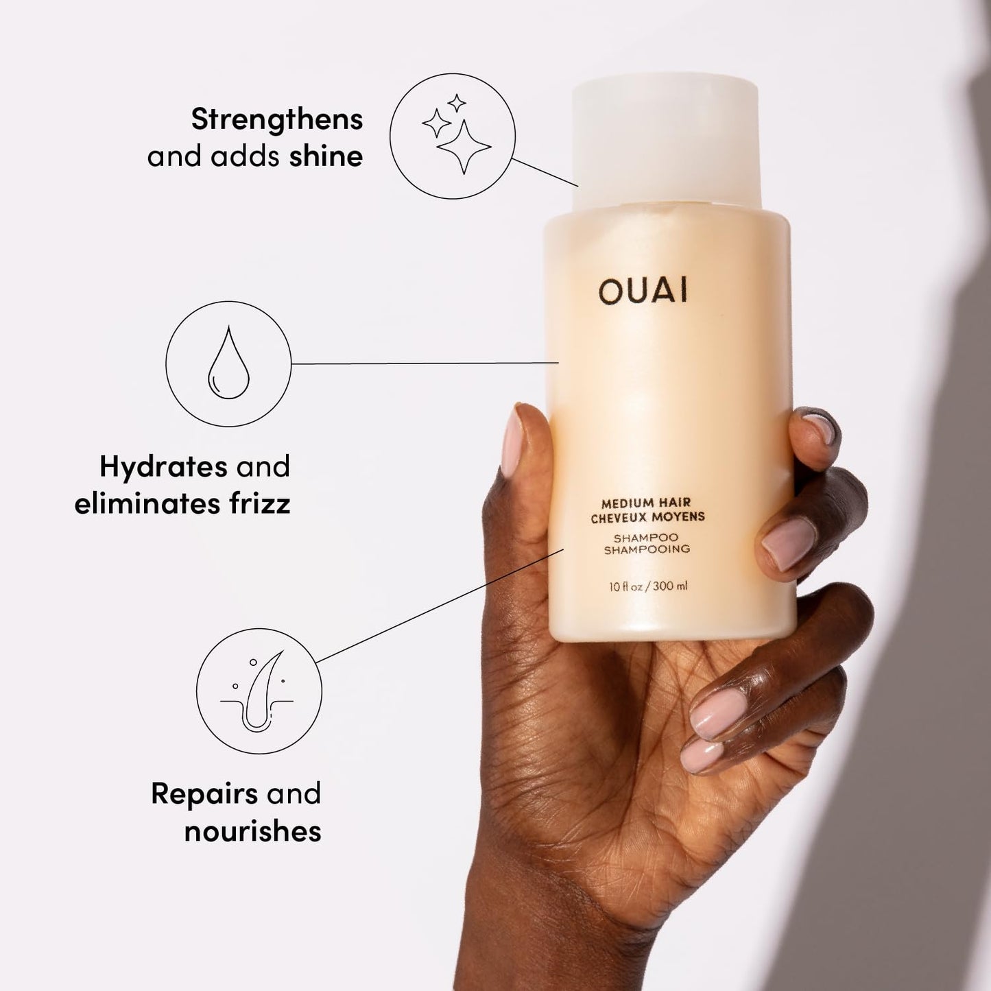 OUAI Medium Shampoo - Hydrating Shampoo with Coconut Oil, Babassu, Kumquat Extract and Keratin - Strengthens, Nourishes and Adds Shine - Paraben, Phthalate and Sulfate Free Hair Care Products (10 Oz)