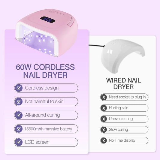 Cordless UV LED Nail Lamp 60W Rechargeable Gel Nail Lamp UV Light for Gel Nails with Auto Sensor & 4 Timer Modes Salon & Home (Pink)