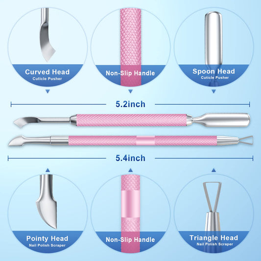 2PCS Metal Mauve/Pink Purple Cuticle Pusher and Cutter Remover Salon Quality Stainless Steel Gel Nail Polish Peeler Scraper Durable Manicure and Pedicure Cleaner Tool For Fingernail and Toenail