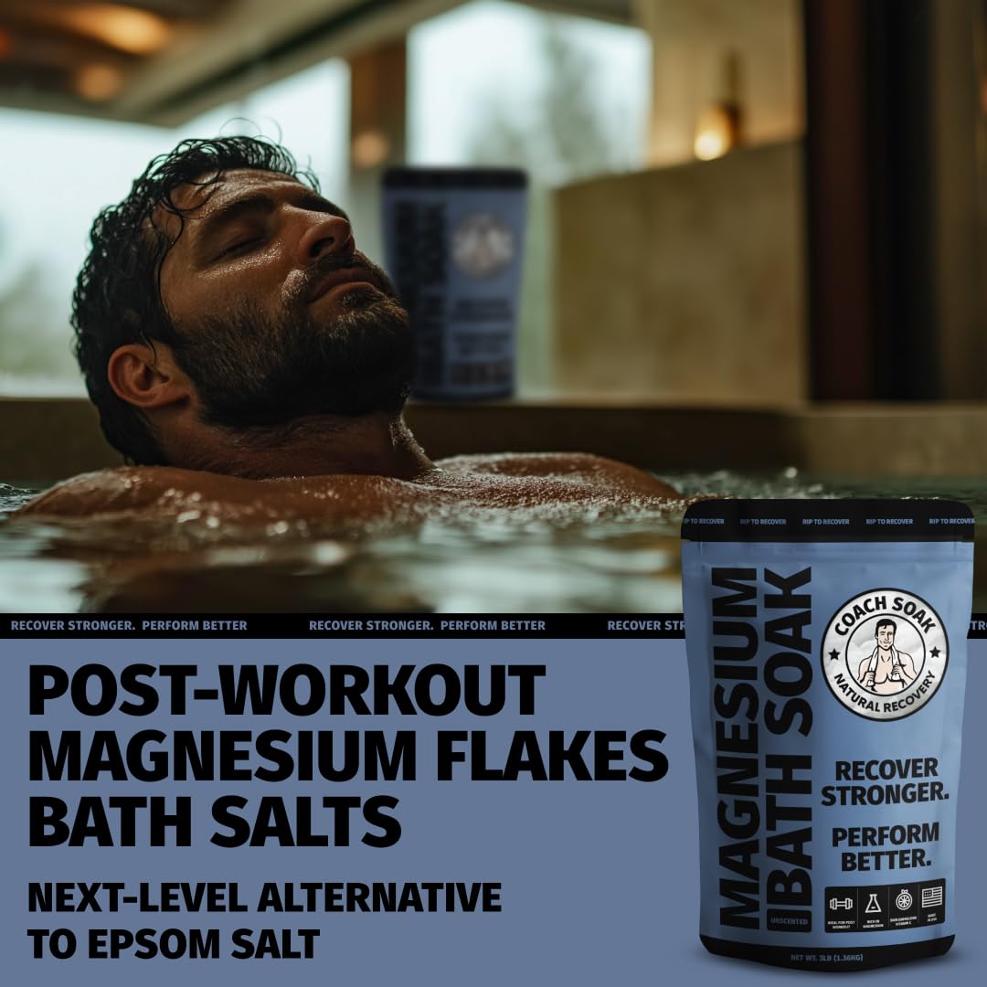 Coach Soak Recovery Bath Soak - Alternative to Epsom Salt Bath Soak - Fast-Absorbing Pure Magnesium Flakes with 21 Minerals, Bath Salts & Essential Oils - 3 lb (1 Pack) - Unscented