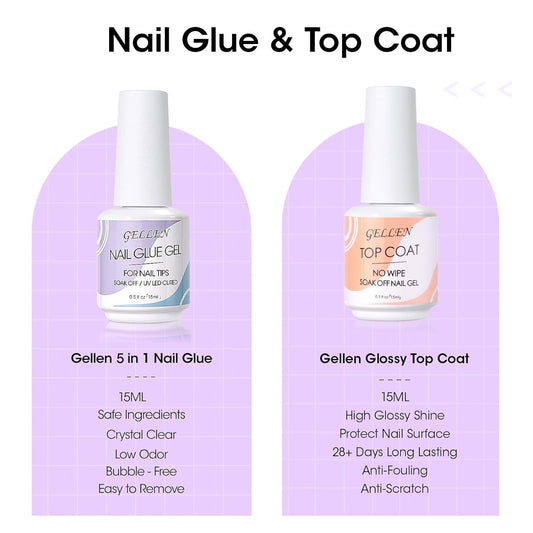 Gellen Nail Glue Gel & No Wipe Top Coat, 5 in 1 UV Nail Glue for Acrylic Nails, High Shiny Top Coat Gel, Curing Needed Extend Gel for False Tips & Clear Press on Nails, Home Salon DIY Manicure