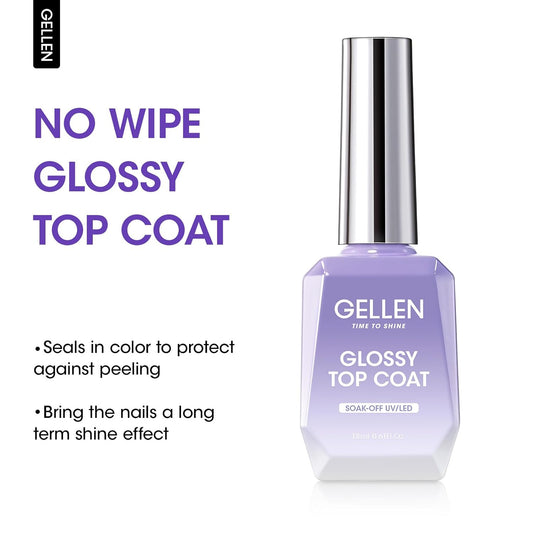 GELLEN Gel Top Coat Nail Polish- 18ml No Wipe Top Coat Gel Polish, High Gloss Shiny Long Lasting, Soak Off Nail Lamp for Home DIY and Nail Salon