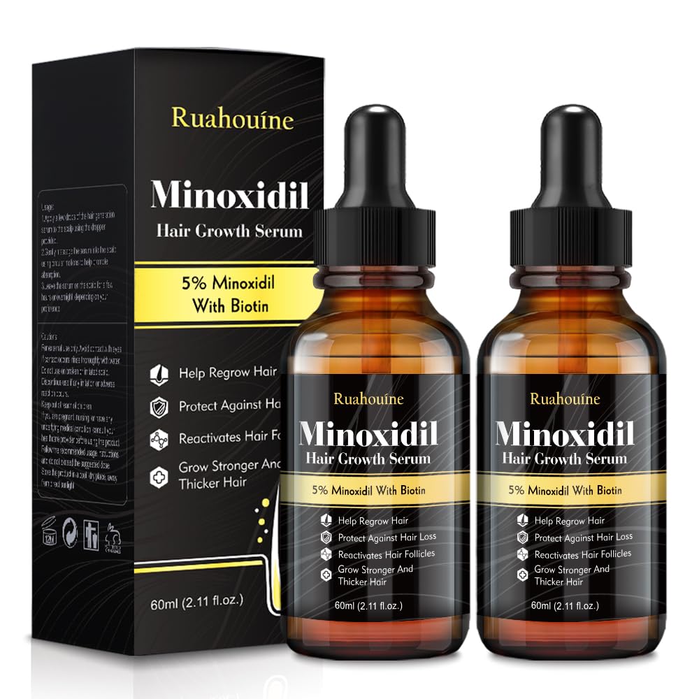 2-Pack 5% Minoxidil Hair Growth Serum, Hair Regrowth Treatment for Men and Women, Strengthens and Thickens Hair for Fuller, Longer Results, Beard and Facial Hair Enhancer