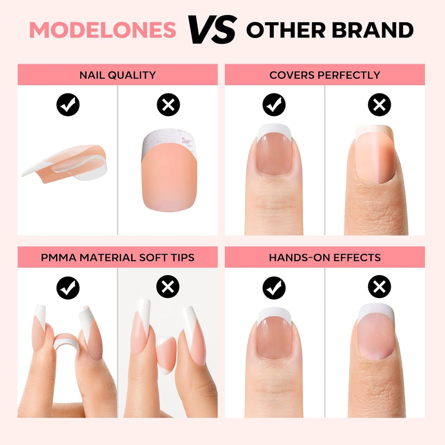 modelones French Tip Press on Nails, Short Square Fake Nails with Nail Box, Deep Nude Gel Nail Tips for Women, Soft Glue-On Nails for Natural Salon Look, DIY Nail Art Kit