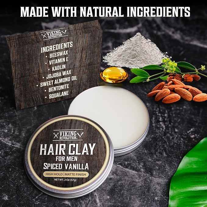 Viking Revolution Spiced Vanilla Hair Clay for Men - Matte Finish, Texturizing Clay Pomade for Men with Jojoba Oil and Vitamin E - Effortless Hair Styling Cream - Strong Hold, Natural Finish (2 oz)