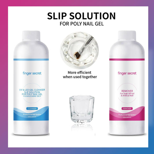 Nail Polish Remover Kit Nail Polish Remover & Slip Solution Polish Remover for Nails Slip Solution for Poly Gel Nails with Glass Cup Nail Cleaning pads