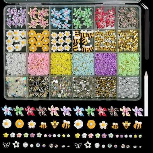 Flowers Nail Charms and Gems, Cute 3D Bee Daisy Hawaii Flowers Nail Art Charms for Acrylic Nails, Gold Silver Butterfly Nail Rhinestone and Charms,White Flatback Pearl Nail Charms Manicure DIY Crafts