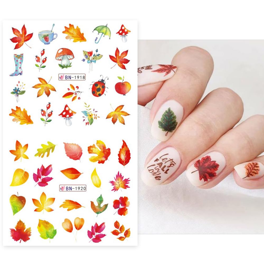 Fall Maple Leaf Nail Art Stickers Autumn Nail Art Water Decals Transfer Nail Supplies Maple Leaves Turkey Pumpkin Design Slider Sticker for Women Acrylic Nail Fall Thanksgiving Nail Decorations 12 PCS