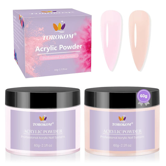 TOROKOM Acrylic Nail Powder Set, 2 Colors Nude Pink Acrylic Powder Colored for 3D Art Nail Carving French Nail Extension, Long-Lasting Nail Powder - No Need Nail Lamp, 2 * 60g