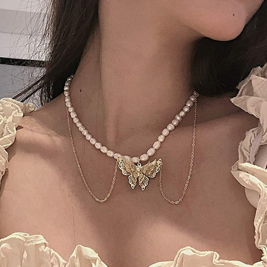 Bohemian Layered Necklace with Butterfly Pendant Fashion Beaded Necklaces Tassel Chain Jewelry for women and girls