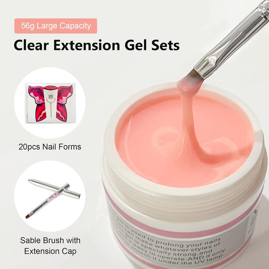 X&D Gel Nail Polish Kit UV Polygel Quick Dry 56g Natural Clear Color Nail Extension with Nail Form, Acrylic Nail Sable Brush with Cap Set(Pink)