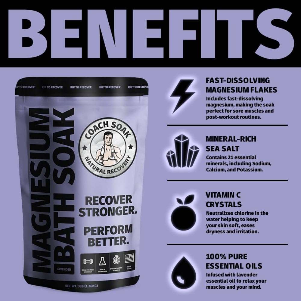 Coach Soak Recovery Bath Soak - Faster Absorption Than Epsom Salt for Pain - Rejuvenating Magnesium Flakes with 21 Minerals, Essential Oils & Bath Salts, 3lbs (Calming Lavender)