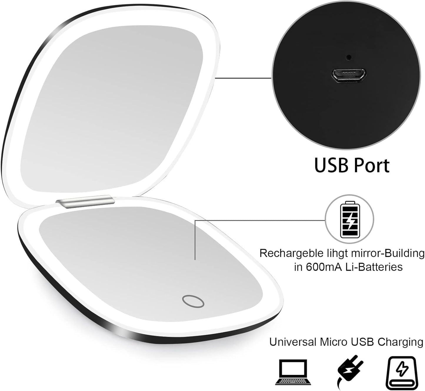 deweisn Compact Mirror, Lighted Travel Makeup Mirror with 1X/10X Magnifying Double Sided Dimmable Portable Pocket Mirror for Handbag, USB Charging(Black)