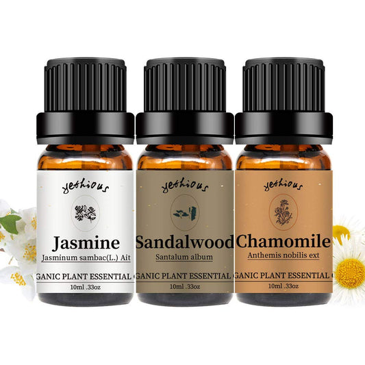 yethious Jasmine Chamomile Sandalwood Essential Oil Set Organic 100% Pure 3 Pack Chamomile Essential Oils for Aromatherapy & Diffuser