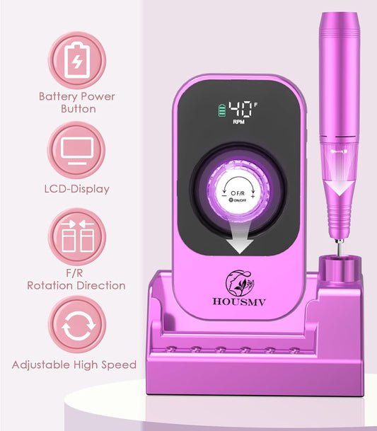 Professional Nail Drill Electric File: 40000RPM Portable Nail File Machine, Rechargeable Cordless Nail E-File with Bits & Base for Acrylic Nails Remove Nail Gel Polish Manicure for Salon Home, Purple