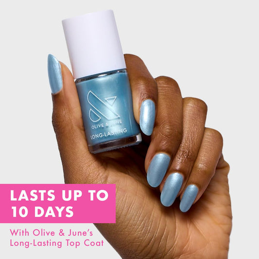 Olive & June Long Lasting Nail Polish | Gel-Like Finish No Lamp Needed | Lasts up to 10 days | Salon-Quality at Home | 15-Free Vegan Cruelty-Free Chip-Resistant Shine |Same Day Next Year Shimmery Blue