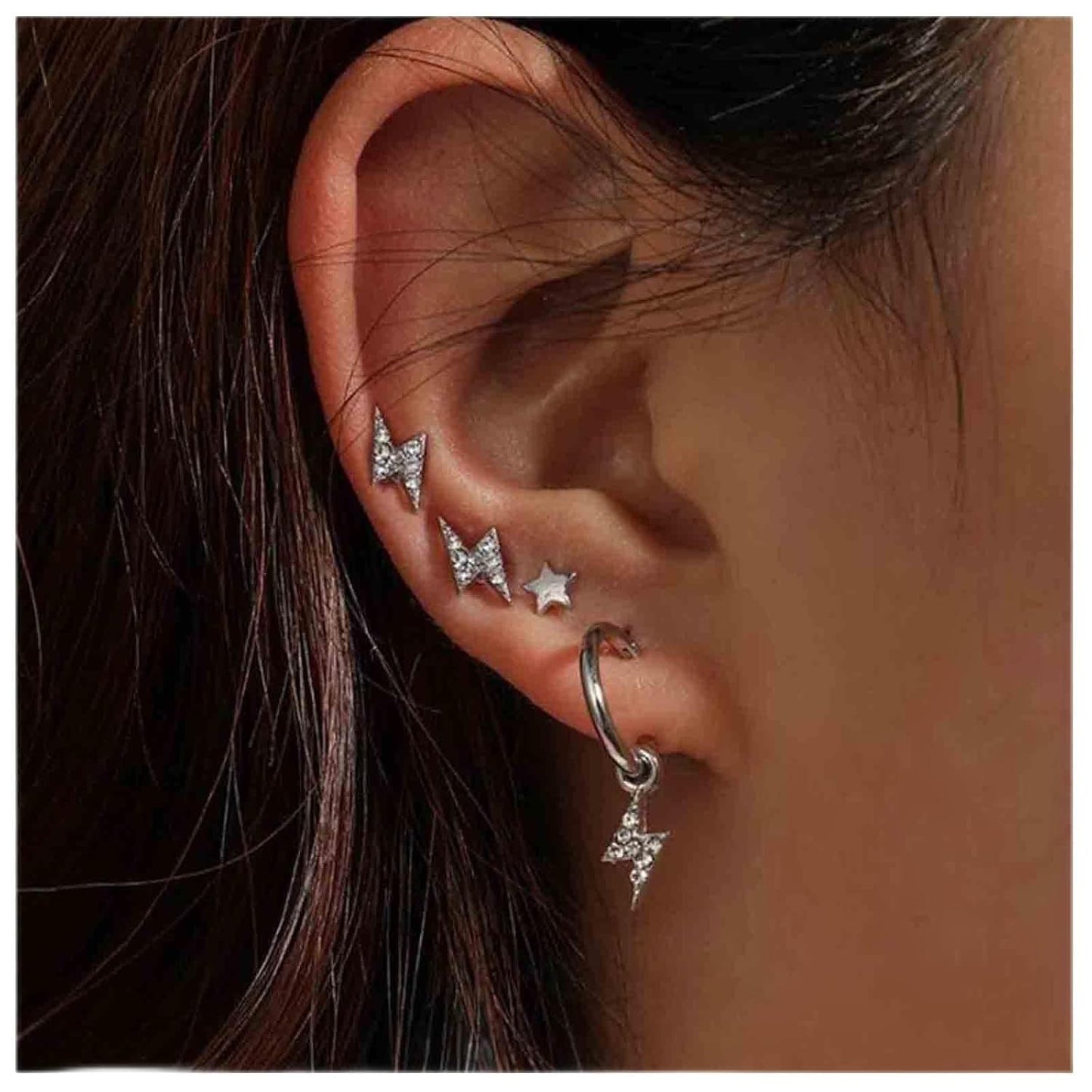 Bohemia Crystal Thunder Hoop Earrings Cz Lighting Bolt Studs Earrings Silver Lighting Drop Earrings Multiple Piecing Dot Earrings for Women and Girls