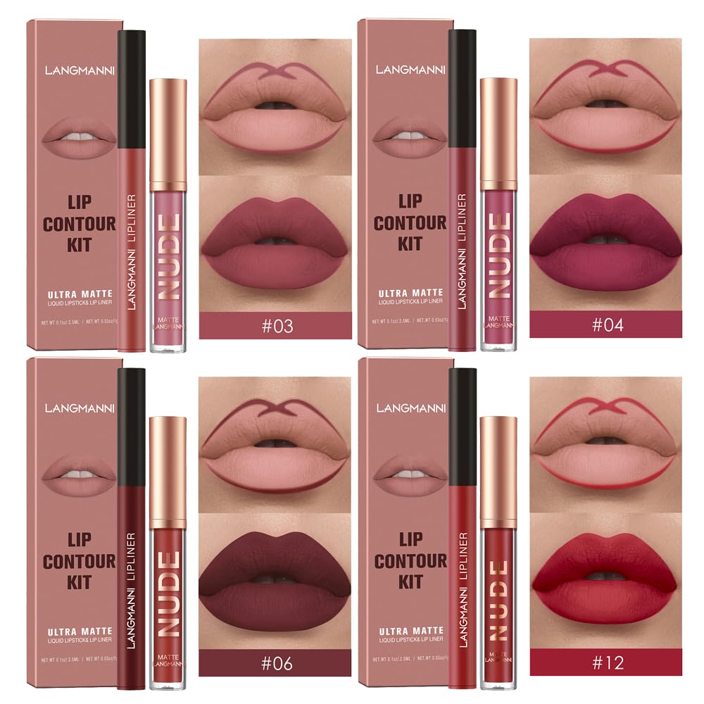 LANGMANNI 4pcs Matte Lipstick with Lipliners Durable Makeup Set,Long-Lasting Non-Stick Cup Not Fade Waterproof Pigmented Velvet Lipgloss Kit Beauty Cosmetics Makeup Gift for Girls(#3+4+6+12)