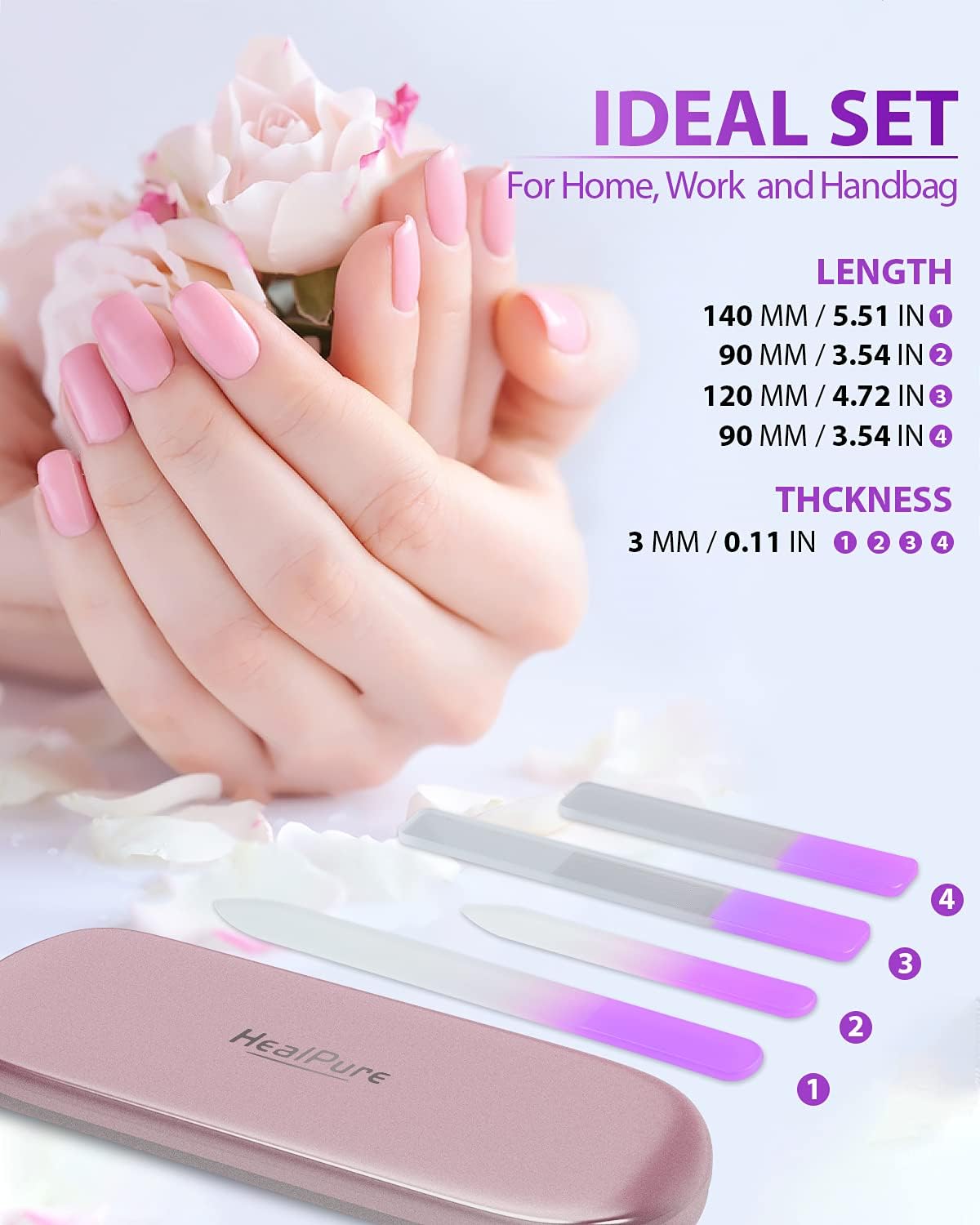 Glass Nail File and Nail Shiner, 4PC Crystal Nail File and Nano Glass Nail Buffer, Premium Set with Case, Professional Manicure Tool Fingernail Czech File for Natural Nail, Gift for Women and Girls