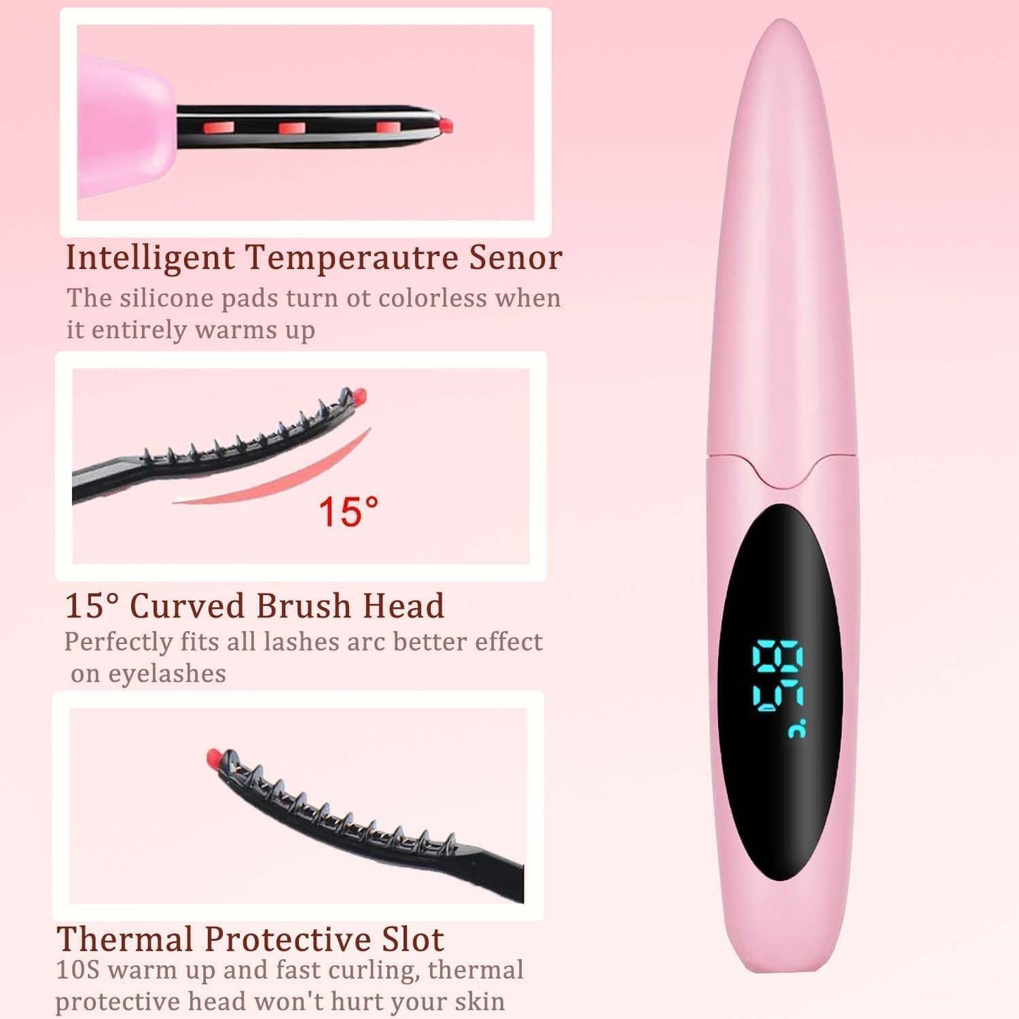 Heated Eyelash Curlers Electric Eyelash Curler with LED Display, 3 Temperature Modes Anti-Burn USB Rechargeable Natural Curling 24H Long Lasting for Women Makeup Tools Gifts （Pink）