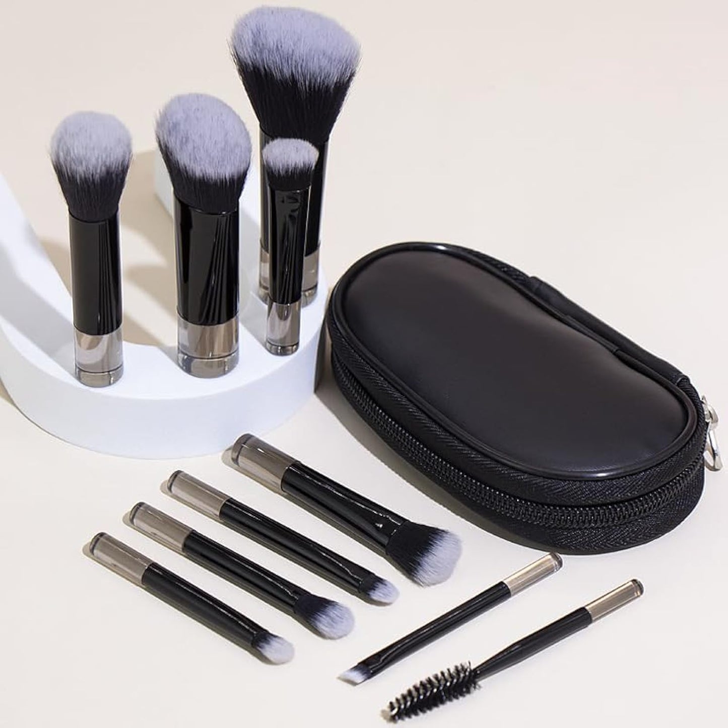 Portable ON THE GO Makeup Brush Set, COSHINE 10pcs Easy-taken Mini Full Complete Function Cosmetic Brushes Kit with Brush Pouch (black)