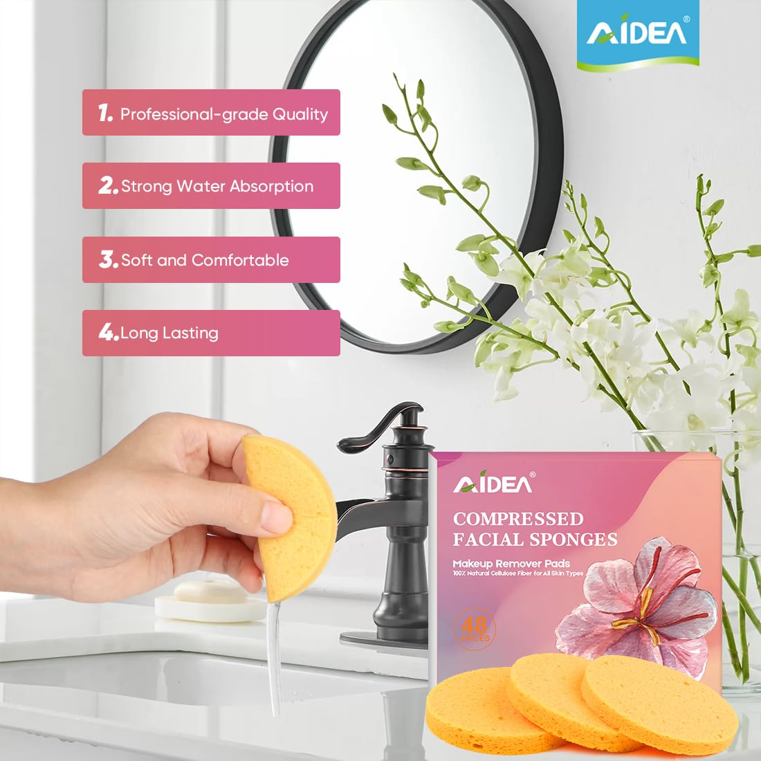 AIDEA 48Count Compressed Facial Sponges-Round, Reusable Makeup Remover Pads, Facial Pads, Natural Cosmetic Spa Sponges for Facial Cleansing, Exfoliating, Sponges for Cleansing, Travel Essentials
