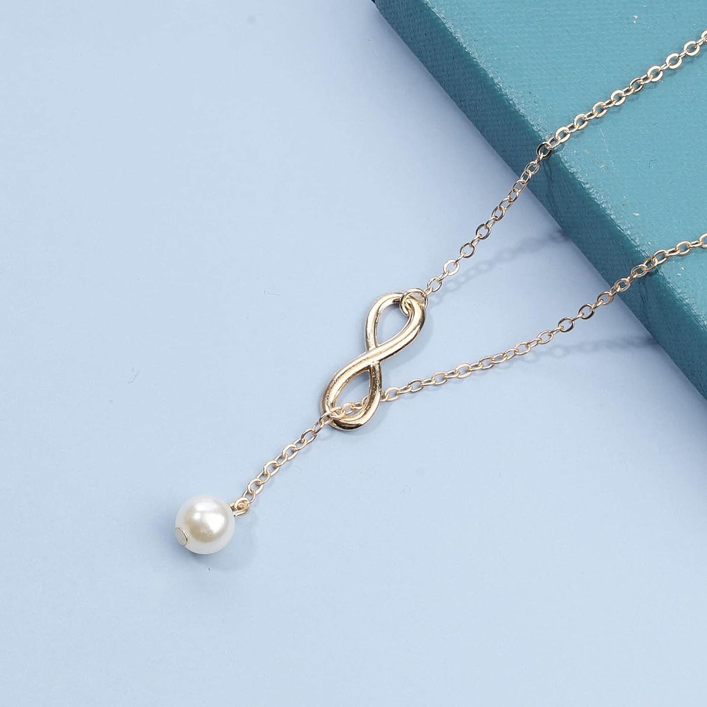Boho Pearl Infinity Necklace Silver Y Pearl Necklace Minimalist Chain Y Lariat Necklace Chain Jewelry for Women and Girls