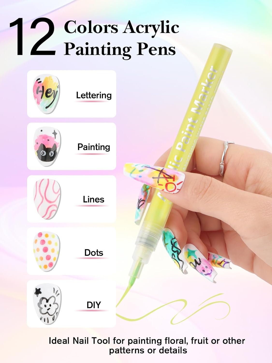 EBANKU 12 Colors Nail Art Pens Set Nail Polish Pens Quick Drying 0.7MM 3D Acrylic Paint Pens Clear Handle Point Liner Pen Drawing Painting Tool for Home DIY Nail Art Design (Set A)