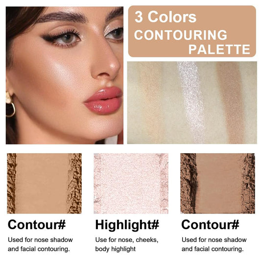 3 IN 1 Brown Nude Face Highlight Bronzer Powder Palette for Face Cheeks Contour Brightening, Buildable Matte Coverage Natural Makeup,Ultra Sculpt Nose Shadow Eyeshadow Primer 02#