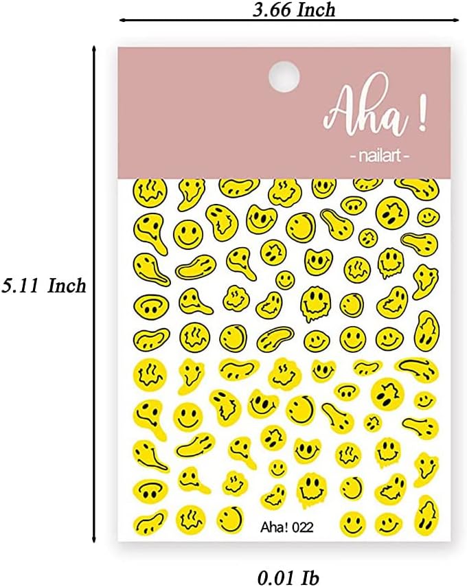 Smiling Face Nail Art Stickers 3D Nail Decals Cute Self-Adhesive Nail Stickers Yellow Black and White Twisted Smiling Face Nail Supplies for Women Girls Kids Nail Decorations