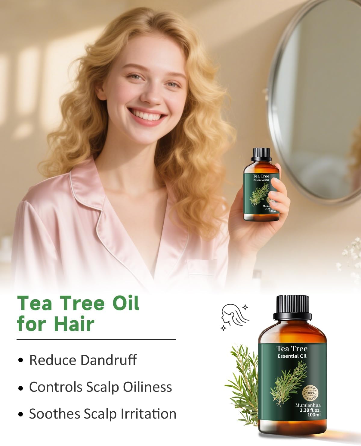 Tea Tree Essential Oil Pure Mumianhua Natural Tea Tree Oil for Diffuser, Aromatherapy, Skin, Face, Toenails, Foot Soak and DIY Soap Making 3.38 Fl Oz