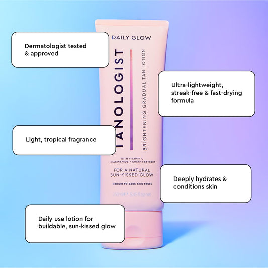 Tanologist Brightening Daily Glow Body Lotion- Light/Medium, Gradual Tanning Lotion, No Fake Tan Smell, Streak-Free & Natural Looking Self Tanner, Vegan, 8.45 fl. oz/250 ml Tube