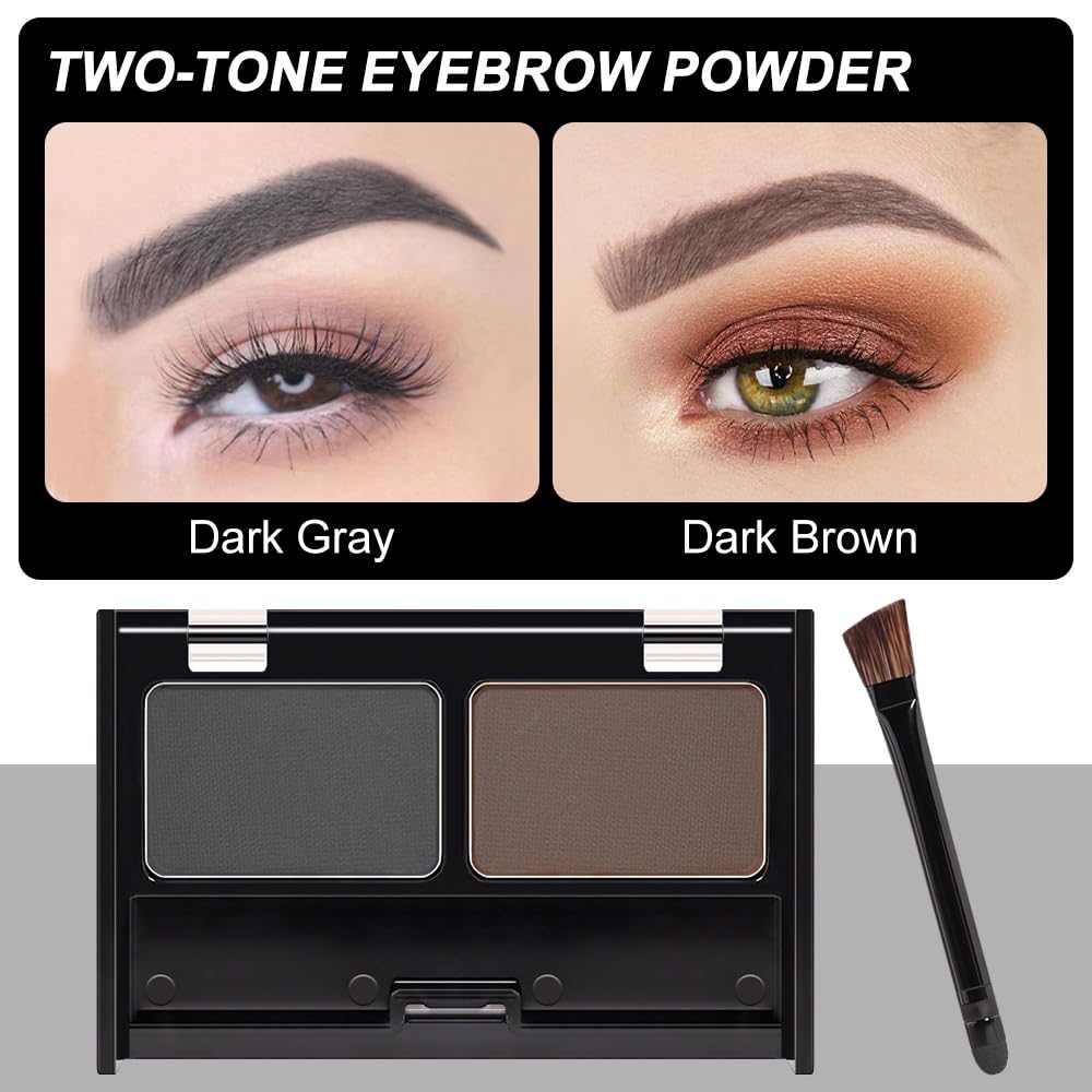 Eyebrow Powder Dark Brown Black Kit,Eye Brow Powder for Women with Double-ended Eyebrow Brush,Long-Lasting Waterproof Two Colors Brow Filler Get Full Defined Natural Brows,Brown Eyebrow Powder Makeup