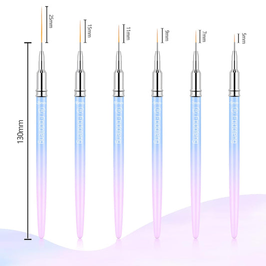 Liner Brush for Nails, 6Pcs Thin Nail Art Brushes Professional Nail Detail Brush for Gel Polish Sizes 5/7/9/11/15/25mm (Blue and Pink)